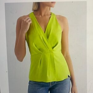 Express Sleeveless Green Lime Satin V-Neck Gathered Faux Wrap Front Top New NWT